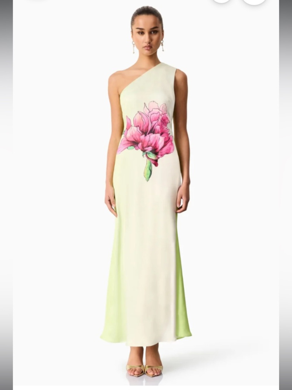 elliatt elisia green & pink floral print one shoulder maxi gown dress size XS